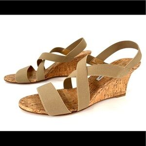 Manolo Blahnik Terwe Elastic Cork Wedge Criss Cross Open Toe Sandals EU 40.5